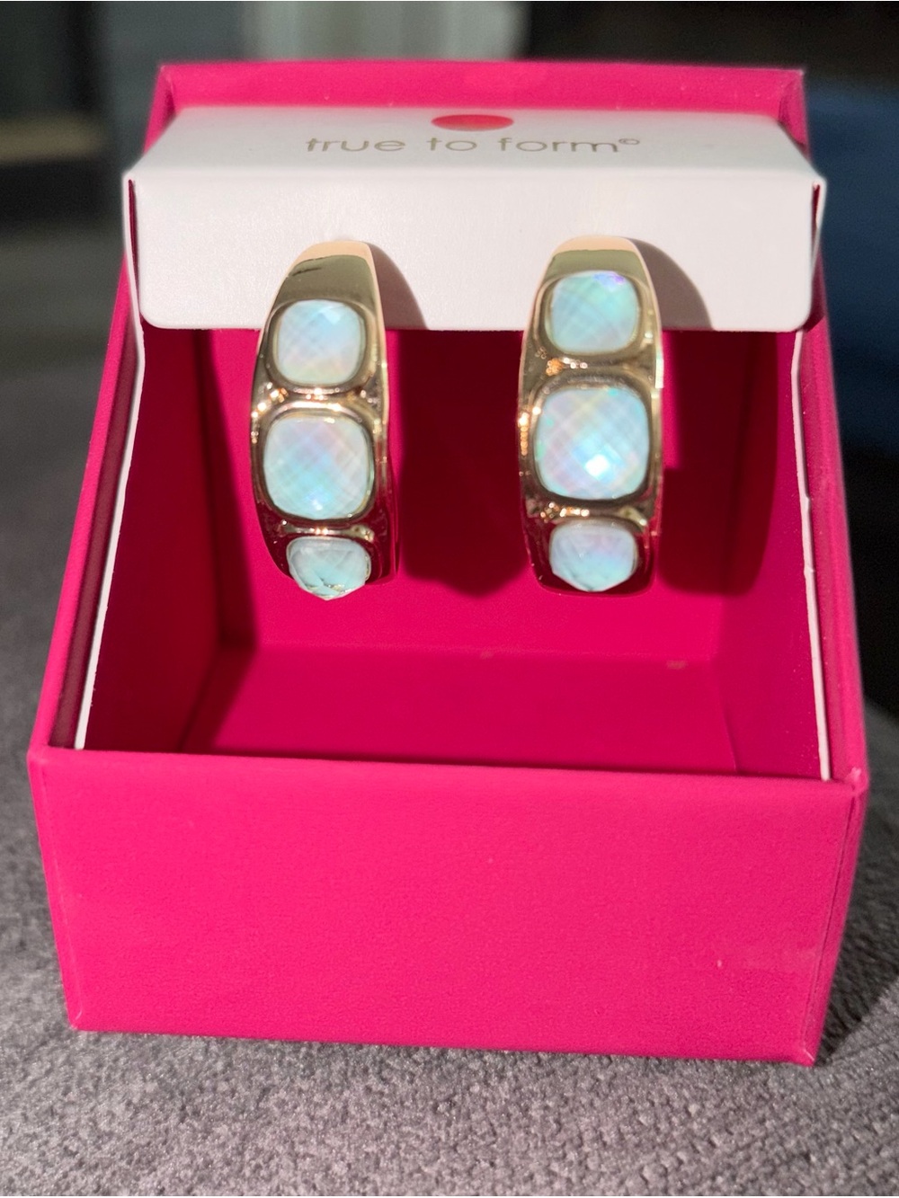 True to Form Gold Hoop Earrings with Light Blue Opal-Style Insets